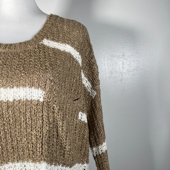 Double Zero Brown White Stripes Round Crew Neck Long Sleeve Knit Sweater M - Picture 5 of 14